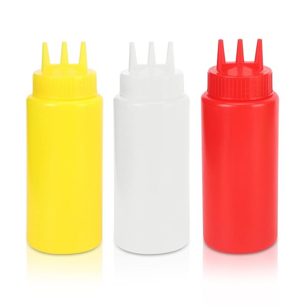 Agatige 3Pcs 3 Hole Condiment Squeeze Bottle, 16Oz Capacity 7x20cm/2.8x7.9in (D x H) Empty Squeeze Sauce Bottles 500ml Condiment Dispenser with Lids for Salad Dressing Sauces Ketchup Oil Honey