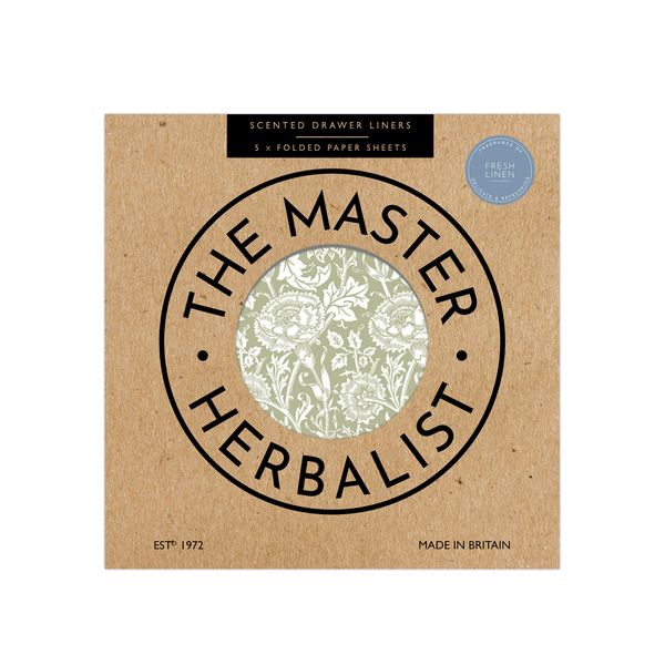 The Master Herbalist Fragrant FRESH LINEN Scented Drawer Liners in a SAGE GREEN | William Morris Design| Pack of 5 Sheets (FOLDED) | Contains Essential Oils | Made in the UK