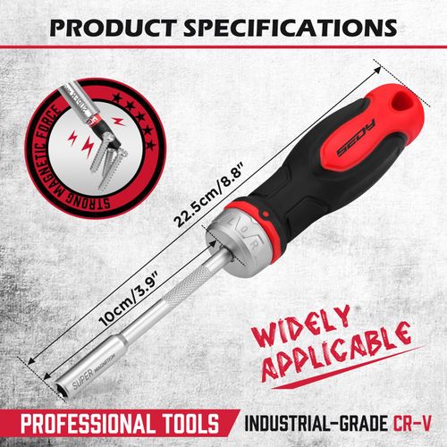 1/4″ Magnetic Ratcheting Screwdriver, Durable Bit Holding Screwdriver With Non-Slip Handle 220mm Long Multi Tip Screwdrivers Ratchet Bits Driver Ergonomic Cushion Grip For Garage & Daily Repair
