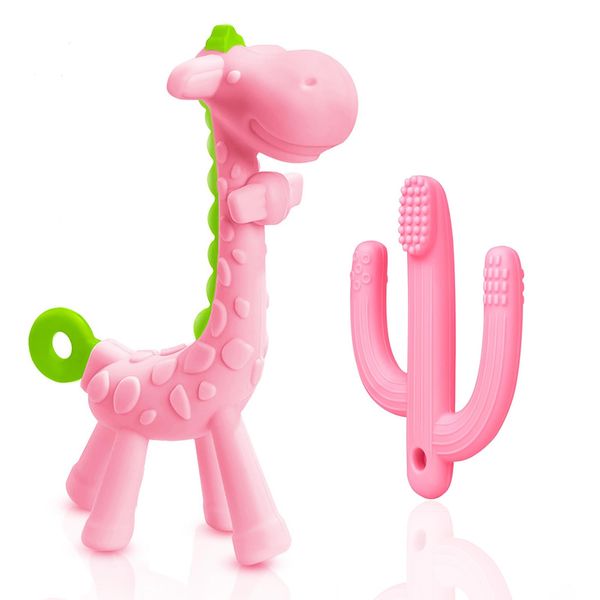 SHARE&CARE BPA Free Silicone Giraffe Baby Teether and Cactus Baby Toothbrush Teether, for 3 Months Above Infant Sore Gums Pain Relief and Baby Shower (Pink)