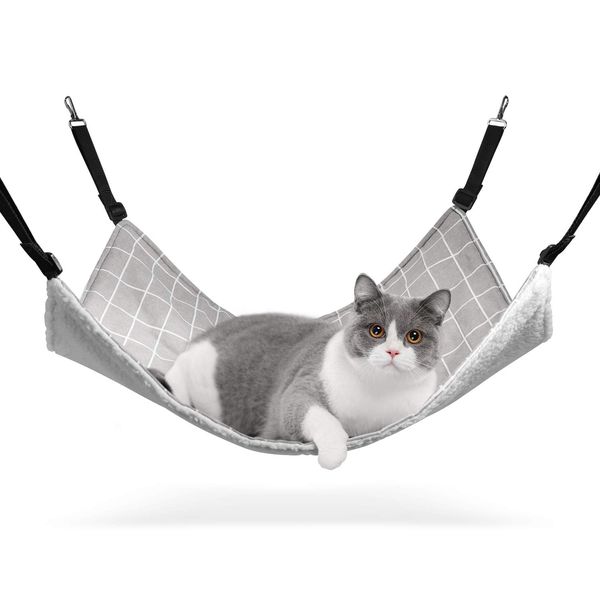 ComSaf Cat Hammock, Bet, For Gauges, Napping, Summer and Winter, Adjustable Straps, Load Capacity 22.0 lbs (10 kg), 22.0 x 18.9 inches (56 x 48 cm), Suitable for Adult Kittens (Gray, Checkered)