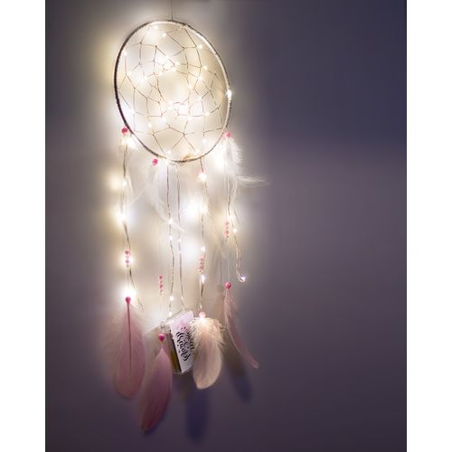 Light Up Dream Catcher Decoration - Pink and White Bedroom Accessory - With Warm LED String Lights - Hanging Dreamcatcher Present Accessories
