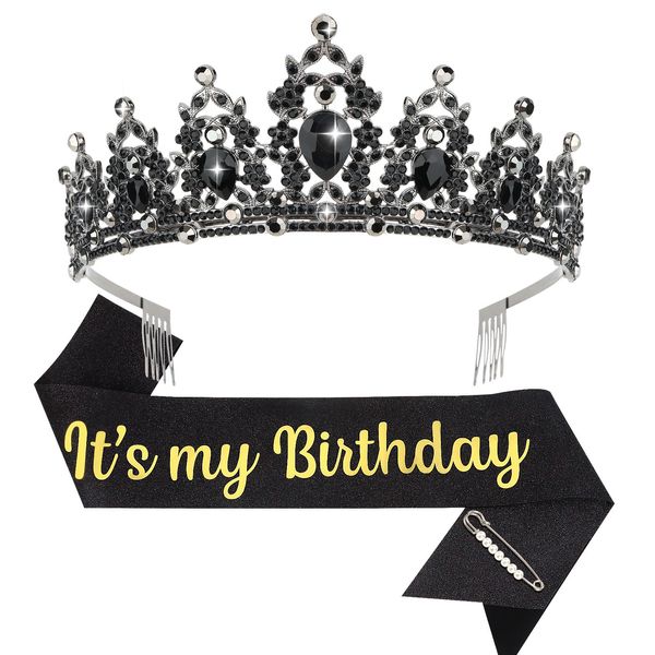 BAHABY Birthday Crown for Women It's My Birthday Sash & Rhinestone Tiara Set Princess Birthday Sash and Tiara for Women Birthday Decorations- Black