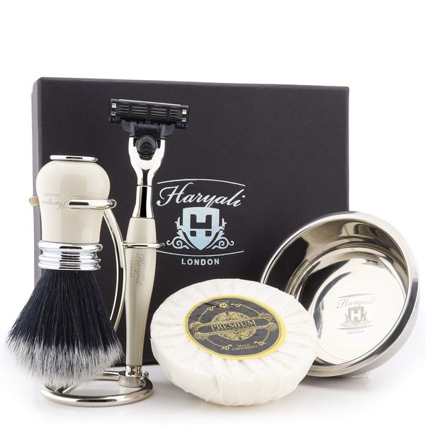 Haryali London Luxury 5Pc Ivory Mens Shaving Kit with 3 Edge Cartridge Razor, Black Synthetic Hair Shaving Brush, Stand, Bowl and Soap Gift Set for Men