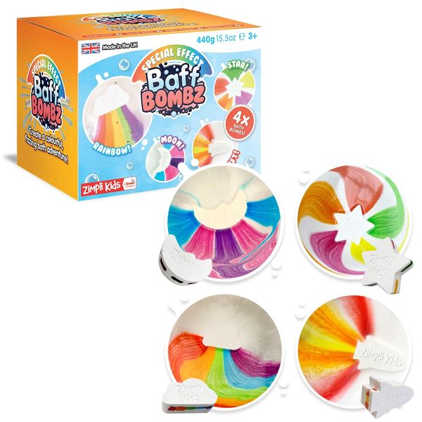 4 x Large Special Effect Bath Bombs Gift Set, Cloud Rainbow, Rocket, Moon & Star Fizzers, Ideal Birthday Present for Children, Montessori Bath Toy, Value Party Bag Fillers, Moisturising for Dry Skin