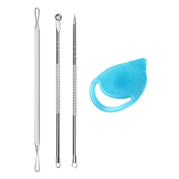 Blackhead Remover Tool Kit with Facial Cleansing Brush, 3 Pieces Comedone Extractor Tool Blemish Whitehead Removal Acne Needle Pimple Spot Popper with Cleansing Blackhead Brush