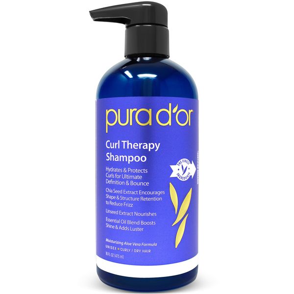 PURA D'OR Curl Therapy Shampoo (16oz) for Curly, Wavy or Frizzy Hair, Improves Shine, Definition & Bounce, Gentle Sulfate Free Formula Infused with Natural & Organic Ingredients, for Men and Women