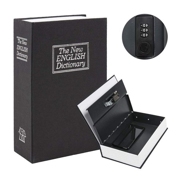 KYODOLED Diversion Book Safe with Combination Lock, Large Safe Secret Hidden Metal Lock Box,Money Hiding Box,Collection Box,9.5" x 6.2" x 2 .2" Black Large