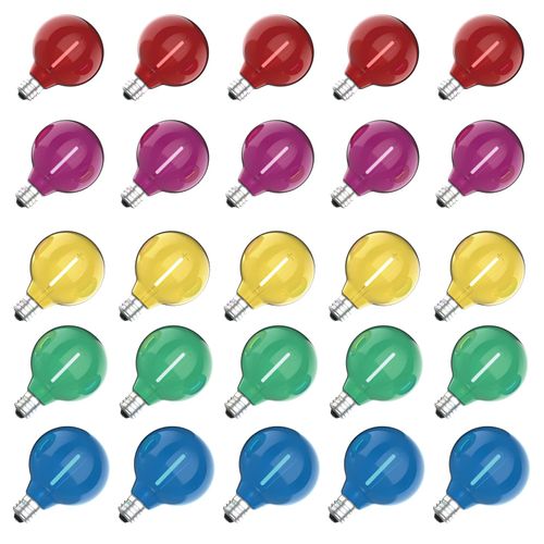 Meconard 25 Pack G40 Colored LED String Light Bulbs, E12/C7 Candelabra Base Shatterproof LED 1 Watt Globe Replacement Bulbs, Multi-Color: Red/Green/Blue/Orange/Purple