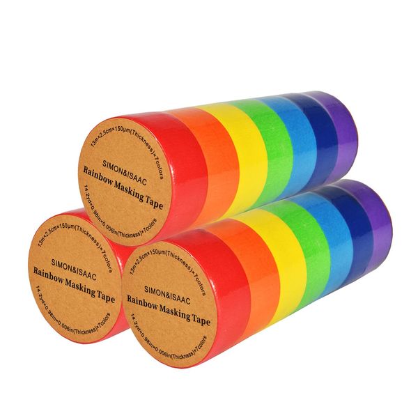 SIMON&ISAAC Regenbogen Farbe Malerkrepp Masking Tape Adhesive DIY Handwerk Papier Dekrativer Klebeband 7 Rolls×13m×25mm für Kinder Teacher Lab Labeling Painters Maler Planner 3pcs