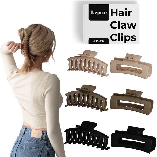 4.3 Inch 6pcs Hair Clips, Hair Clips for Women & Girls, Matte Finish Claw Clips for Thin hair, Large Claw Clips for Thick Hair, Daily Use Jumbo Size Hair Claw Clips, Stronghold Grip Big Hair Clips