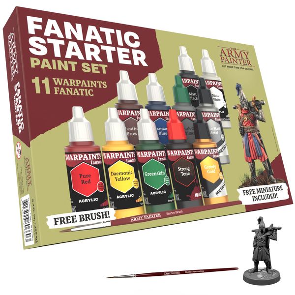 The Army Painter, Warpaints Fanatic Starter Set Combo, 11 x 18 ml Modellbau Acryl Farben inkl. 2 Metallics, 1 Wash, 2 Pinsel & 1 Tabletop Figuren - Modellbau Farben für Wargames Tabletop Miniaturen