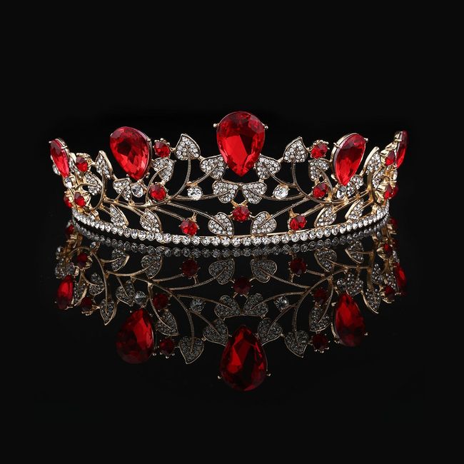 Frcolor Red Crystal Crown,Baroque Ruby Belle Crown Bridal Wedding Rhinestone Tiara Hair Accessories for Women Girls