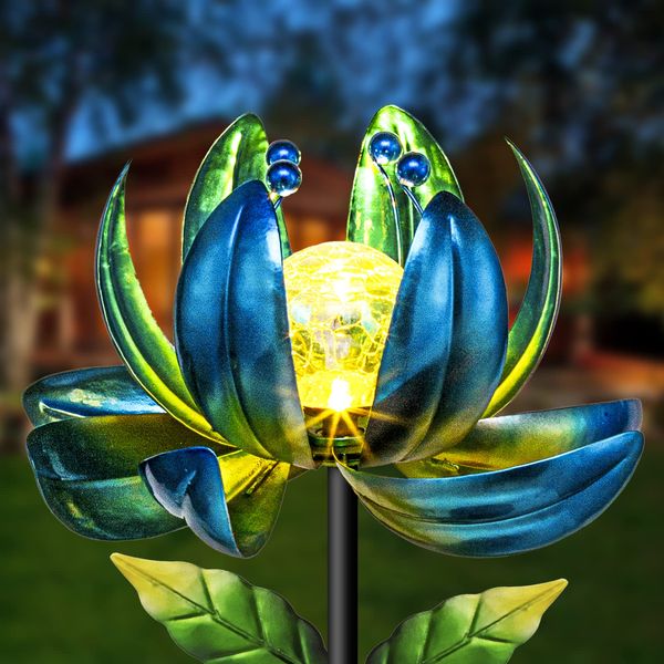 Huaxu Solar Outdoor Lights 35.4In Garden Decor Flower Wind Spinners,Waterproof LED Crackle Glass Globe Fairy Art Metal Stake for Lawn Patio Pathway Yard Porch Driveway Summer Decorations Gift(Blue)