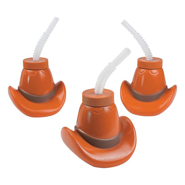 Fun Express Cowboy Hat Cups with Lids & Straw - 4" Cups (15 oz) with 7.5" Straws - Add Western Flair to Your Party with 12 Kid Cups with Lids - Unleash the Fun at Your Party