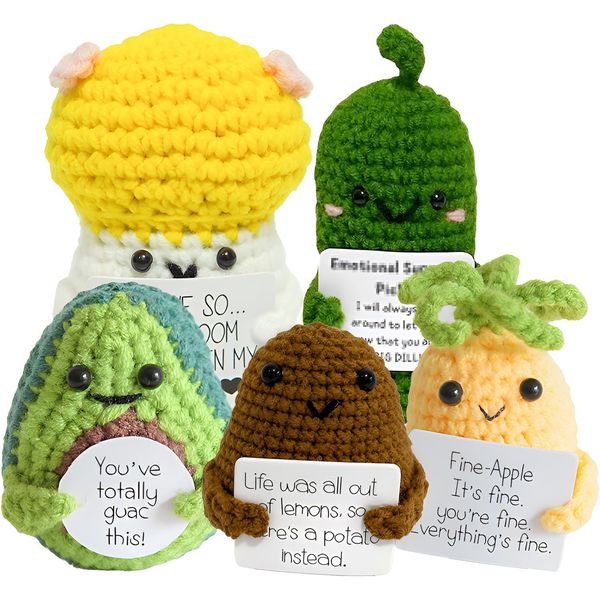 5PCS Handmade Emotional Support Pickled Cucumber Pickle Gift, Cute Room Decor Emotional Support Plush Crochet Gift, Fun Stress Relieving Toys Creative Knitting Dolls with Positive Affirmation Card