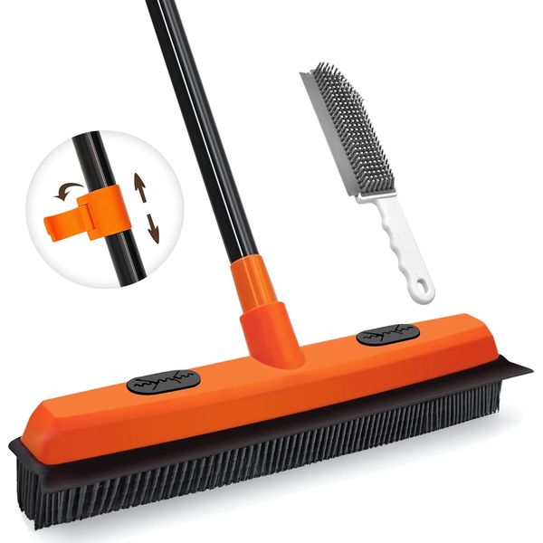 Rubber Broom Carpet Rake for Pet Hair Remover, Fur Removal with Squeegee, Portab