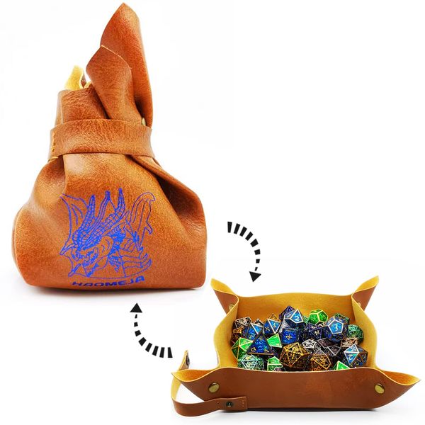 HAOMEJA DND Dice Tray Bag & Tray with Button Role Playing Dice Bag Leather dice Bag Jewelry Coin & Small Accessories Bag Storage Bag (Brown)