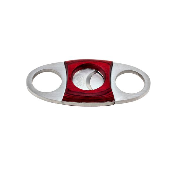 DOS CABALLOS CIGARS RED WOOD VEE HANDLE STAINLESS STEEL CIGAR CUTTER WITH SELF SHARPENING BLADES.