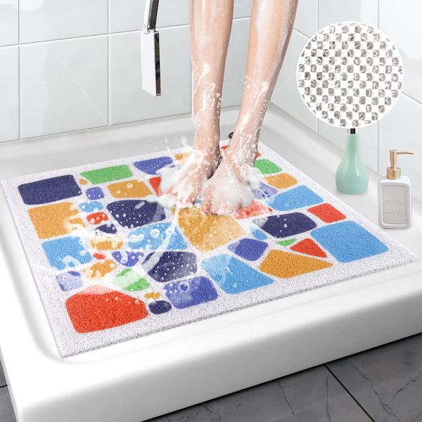 Square Shower Mat, Non Slip Anti Mould Bath Mat 60 x 60 cm, Loofah Shower Mats for Inside Shower, Washable Bath Mats with Drain, Bath Mat for Bathroom Floor, Bathtub Mat for Elderly, Quick Dry