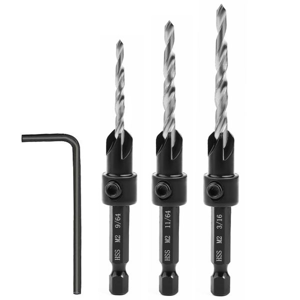 AIMLENTOOL Countersink Drill Bit Set, 3PCS Tapered Drill Bits, M2 Countersink Set with 1/4" Hex Shank Quick Change and 1 Allen Wrench for Woodworking, Pilot Screw Hole Set for Soft & Hard Wood