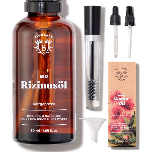 Bionoble Rizinusöl Bio 50ml - 100% Rein, Natürlich, Kaltgepresst - Wimpern, Augenbrauen, Haare, Nägel - Vegan, Cruelty Free - Castor Oil - Glasflasche + Pipette + Pumpe + Mascara Kit