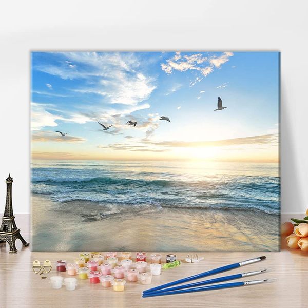 TISHIRON Paint by Numbers for Adults Beginner & Kids Sunset Beach Ocean Birds Painting Seagulls DIY Oil Painting Kit with Paintbrushes Acrylic Pigment for Home Wall Decor 16 "x20