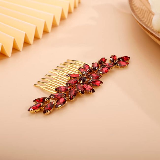 BERYUAN Women Wine Red Color Crystal Flowers Hair Comb Teardrop Rhinestone Hair Comb for Wedding Women and Girls Hair Comb Slide Bride Hair Accessories for Brides Bridemaids