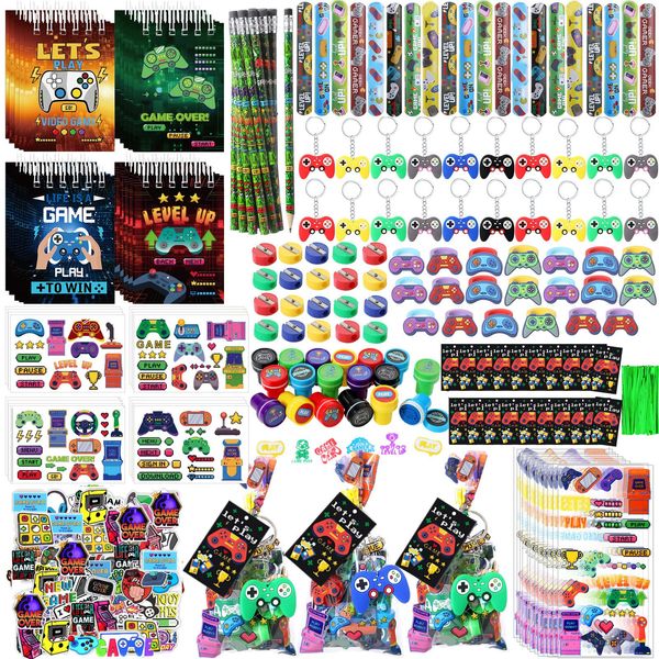 Sayglossy 251 Pcs Video Game Party Favors Set Includes Gift Bags Pencils Notebook Sharpener Slap Bracelets Rings Keychains Tattoo Gaming Stickers Stamper Gamer Party Favors for Kids Gamer Birthday