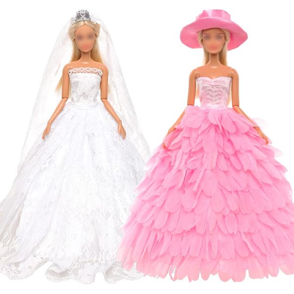 BARWA White Wedding Dress with Veil and Princess Evening Party Clothes Wears Gown Dress Outfit with Hat for 11.5 Inch Girl Doll