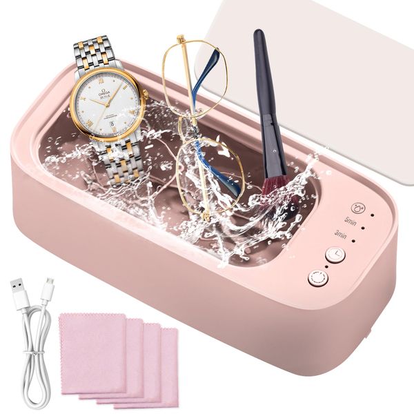 Ultrasonic Cleaner Machine, Portable Ultrasonic Jewellery Cleaner Glasses Cleaner with 3 Cleaning Modes and Timer Pink