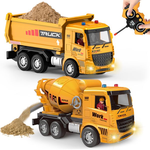 YAYYAY Construction Truck Toddler Toys for 2 3 4 5 6 Year Old Boy, 2 in 1 Remote Control Dump Truck RC Mixer Toys for Kids Age 6+ Year Old Boy Christmas Birthday Gifts