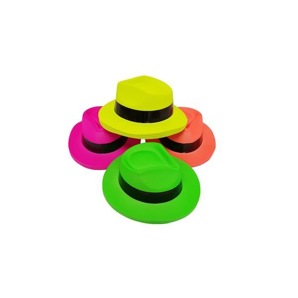 Party Hats, Neon Color Plastic Gangster Fedora Party Hats (48 Gangster Hats)