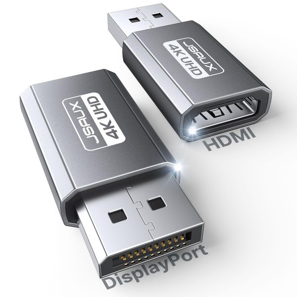 JSAUX 4K DisplayPort zu HDMI Adapter 2-Stück, DP PC zu HDMI Monitor Konverter Video UHD 4K@30Hz/2K@60Hz/1080P@120Hz DP zu HDTV Adapter Kompatibel für Dell, Lenovo, HP,GPU, AMD, NVIDIA, Desktop- Grau