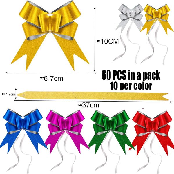 60pc 18mm Glitter Bows Christmas Pull Bows with Ribbon for Gift Wrapping,Xmas Ribbon Bow Small Gift Bow for Christmas Decoration, Presents,Hampers,Wreaths,Tree,Crafting,Baskets,Wedding Car Decoration