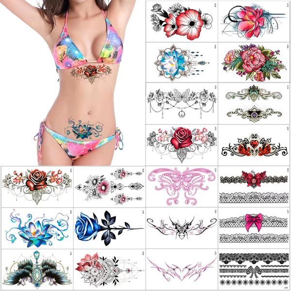 Sexy Flowers Temporary Tattoos 20 Sheets Large Flowers Butterfly Lace Navel Tattoo Stickers Bust Stomach Butt Legs Arms Lower Back Fake Waterproof Tattoos for Women Girls