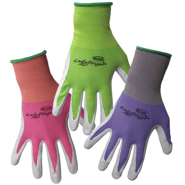 Boss LadyFInger Nitrile Palm Dipped Work Glove, Abrasion Resistant, Superior Grip, Green/Pink/Purple, Women's, Small (8438S)