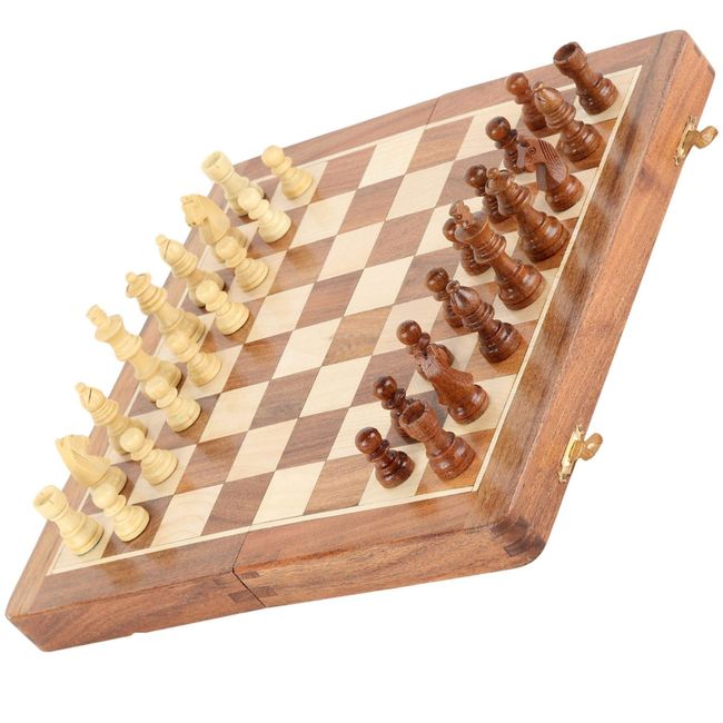 Handmade Wooden Chess Set with Magnetic Board and Hand Carved Staunton Chess Pieces with Internal Storage, Travel Set | Size 12 X 12 Inches (Open), 12 X 6 Inches (Folded)