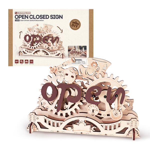 ROBOTIME LK506 Open Closed Sign 3D Puzzle, Mechanical Wooden Model to Build for Beginners, Wooden Puzzles for Adults & Teens, Home Office Cafe Aesthetic Decor Unique Gift