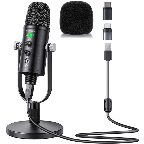 Mercase USB Microphone, Condenser Microphone for Phone, Mac,Computer,PS4 and PS5, with Quick Mute,Plug & Play,Cardioid Pickup,Volume Control for Podcast, Recording, Sing, ASMR