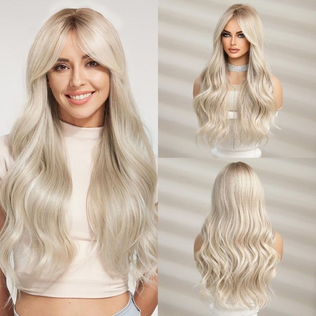 HAIRCUBE Long White Blonde Wigs for Women Synthetic Hair Wig with Fringe