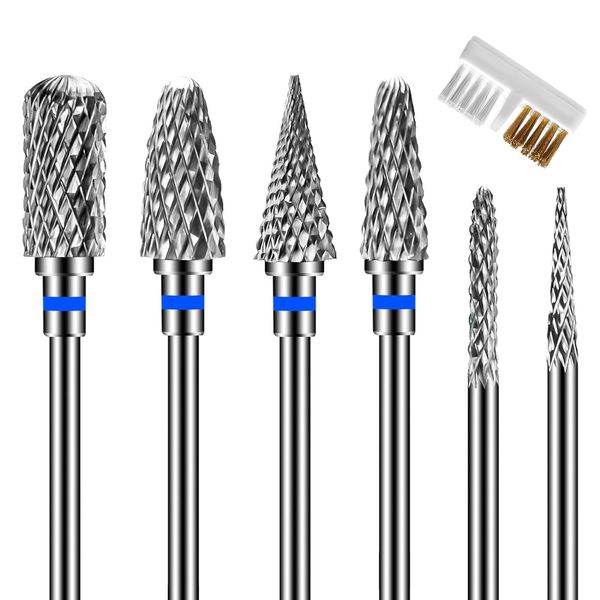 Lermende 6Pcs Nail Drill Bits Professional, 3/32'' Electric Nail Drill Bits Set for Acrylic Nails, Cuticle Nail Drill Bit Quick Gel Polish Remover Manicure Pedicure Tools with Cleaning Brush (Blue)