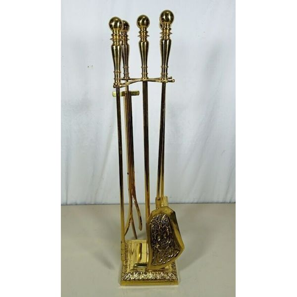 Vintage Ornate Brass Fireplace Tool Set Pokers 27" Floral 4 Tools Plus Stand