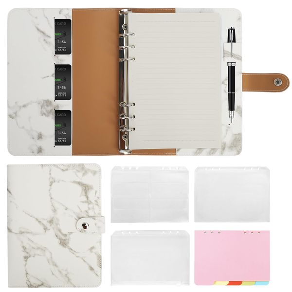 A5 Ring Binder Notebook,Skycase Leather 6 Ring A5 Binder with A5 Refill Papers,Subject Dividers Paper Sheet,Binder Pockets, Travel Binder Journal Personal Planner White