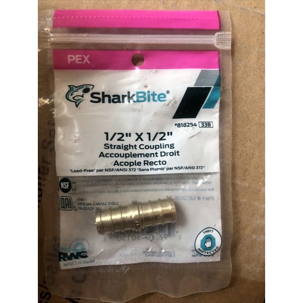 PEX Sharkbite 1/2" X 1/2" Straight Coupling UCOO8ALFZ lead free