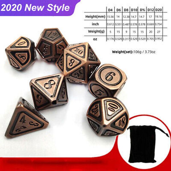 7pcs/set Red copper Metal Polyhedral Dice Set for DND RPG Game Tabletop Toy