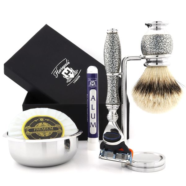 Haryali London 5 Edge Shaving Razor With Silver Tip Badger Hair Shaving Brush, Stand and Alum Perfect Shaving Kit For Mens