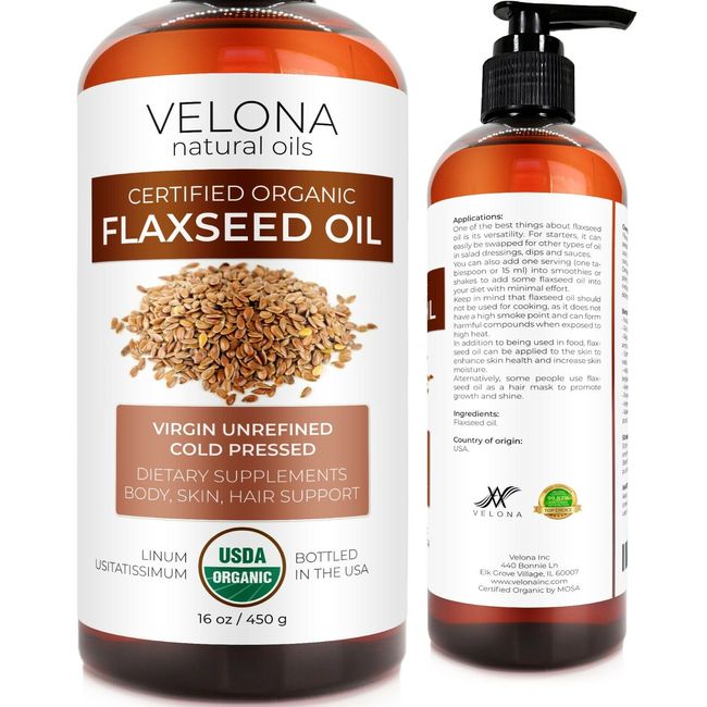 Velona USDA Certified Organic Flaxseed Oil - 16 oz | Unrefined, Cold Pressed