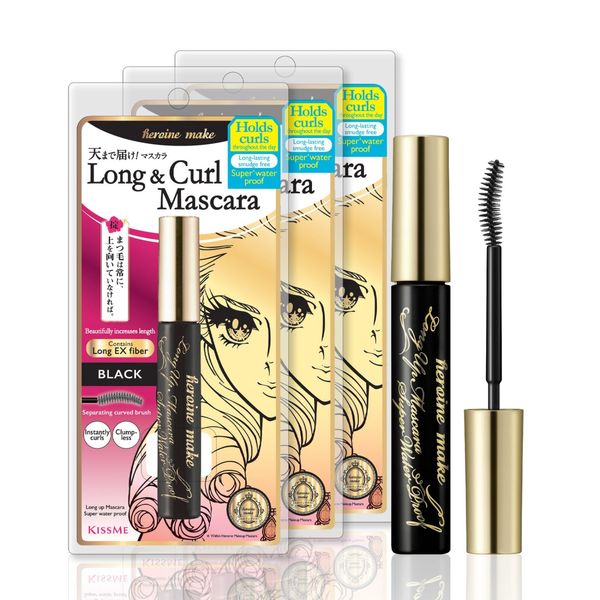 Heroine Make by KissMe 3 Pack Long & Curl Up Waterproof Mascara, Japanese Lengthening & Volume Fiber Tubing Eye Makeup, Black