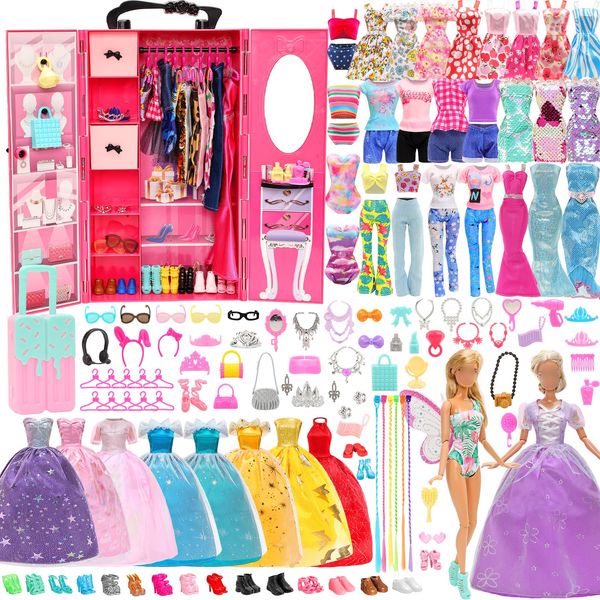 BARWA 113 PCS Doll Closet Wardrobe with Clothes and Accessories Butterfly Wings Swimsuits Princess Fashion Dresses Outfits Hair Necklaces Shoes Bags Accessories for 11.5 inch Girl